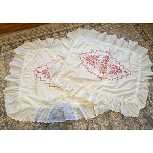 Vtg Redwork Embroidery Pillow Covers Shams Eyelet Trim